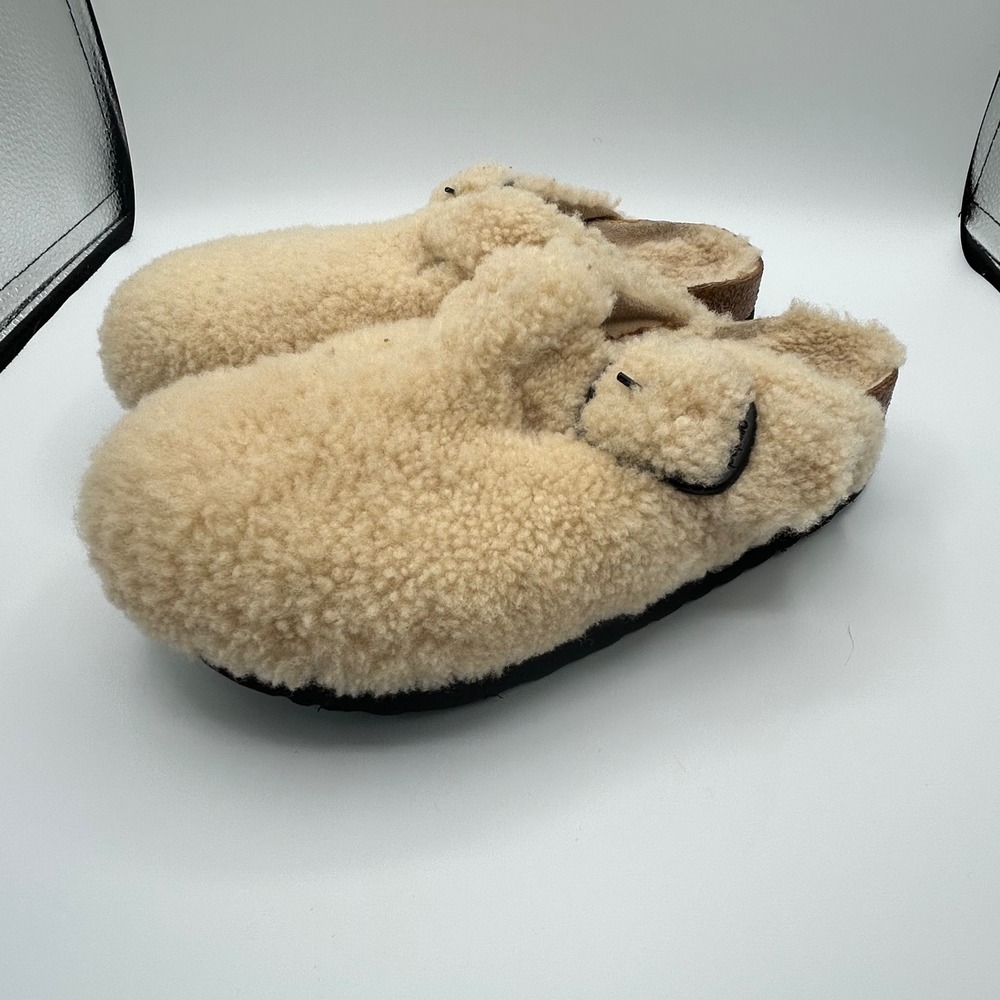 Papillio‎ Birkenstock Boston Big Buckle Teddy Shearling Platform Clogs Beige 38